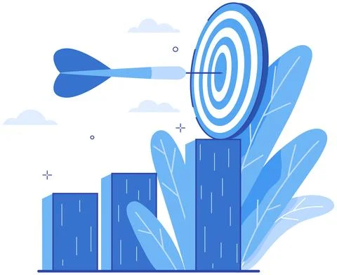 Arrow, dart hitting target, aim on top of bar chart. Goal achievement, success Ilustração Stock