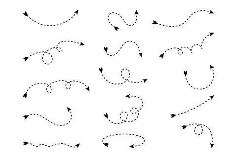 Arrow dashed scribble, dotted arrow doodle line, dash arrow curved and swirl Illustrazione stock