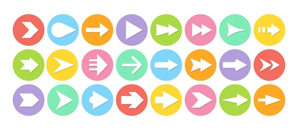 Arrow different shapes round button flat icon set Stock Illustration