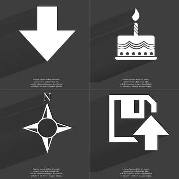 Arrow directed down, Cake, Compass, Floppy disk icon sign. Set of Symbols wit Stock Illustration