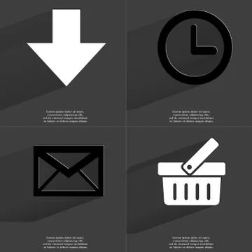 Arrow directed down, Clock, Message, Basket icon sign. Set of Symbols with Fl Stock Illustration
