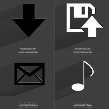 Arrow directed down, Floppy disk upload, Message, Note icon sign. Set of Symb Stock Illustration