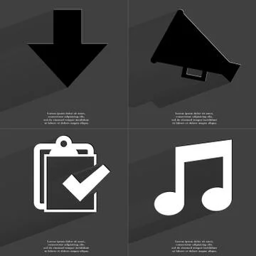Arrow directed down, Megaphone, Task completed icon, Note sign. Symbols with lon Stock Illustration