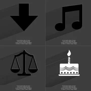 Arrow directed down, Note, Scales, Cake icon sign. Set of Symbols with Flat d Stock Illustration