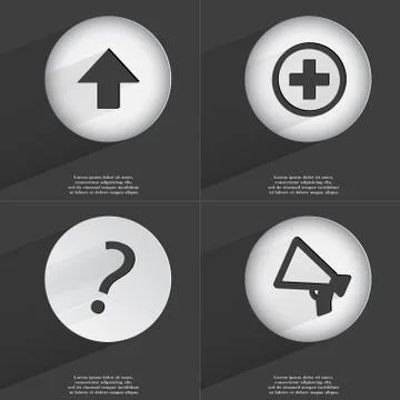 Arrow directed upwards, Plus, Question mark, Megaphone icon sign. Set of buttons Stock Illustration