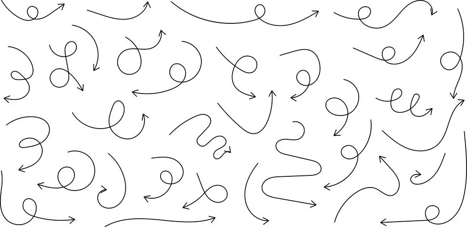 Arrow doodles set - hand drawn swirls, curved lines, grunge style marker Illustrazione stock