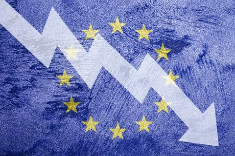 Arrow down on the background of the EU flag. The concept of economic recessio Stock Photos