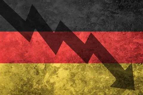 Arrow down on the background of the Germany flag. The concept of economic rec Stock Photos