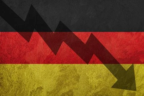 Arrow down on the background of the Germany flag. The concept of economic rec Stock Photos