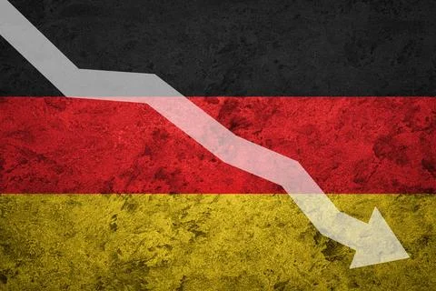 Arrow down on the background of the Germany flag. The concept of economic rec Stock Photos