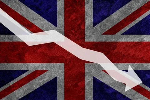 Arrow down on the background of the Great Britain flag. The concept of econom Stock Photos