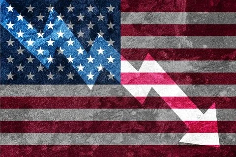 Arrow down on the background of the USA flag. The concept of economic recessi Stock Photos