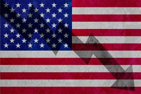 Arrow down on the background of the USA flag. The concept of economic recessi Stock Photos