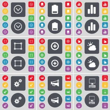 Arrow down, Battery, Diagram, Frame, Plus, Cloud, Gear, Megaphone, PC icon symbo Stock Illustration
