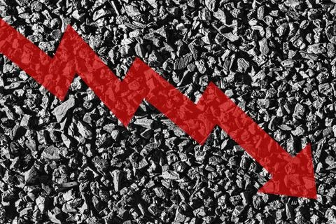 Arrow down on coal background. The concept of falling prices, mining, impor.. Stock Photos