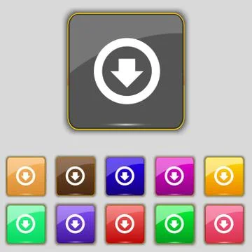 Arrow down, Download, Load, Backup icon sign. Set with eleven colored buttons Illustrazione stock
