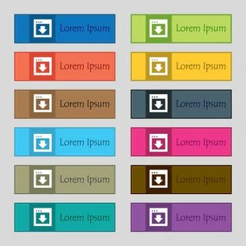 Arrow down, Download, Load, Backup icon sign. Set of twelve rectangular, colorfu Stockillustratie