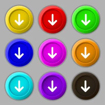 Arrow down, Download, Load, Backupicon sign. symbol on nine round colourful b Stockillustratie