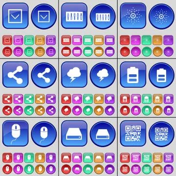 Arrow down, Equalizer, Star, Share, Cloud, Battery, Mouse, Hard drive, QR-code. Stock Illustration