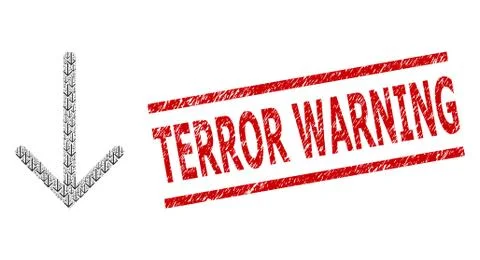Arrow Down Fractal Composition of Arrow Down Icons and Textured Terror Warning Stock Illustration