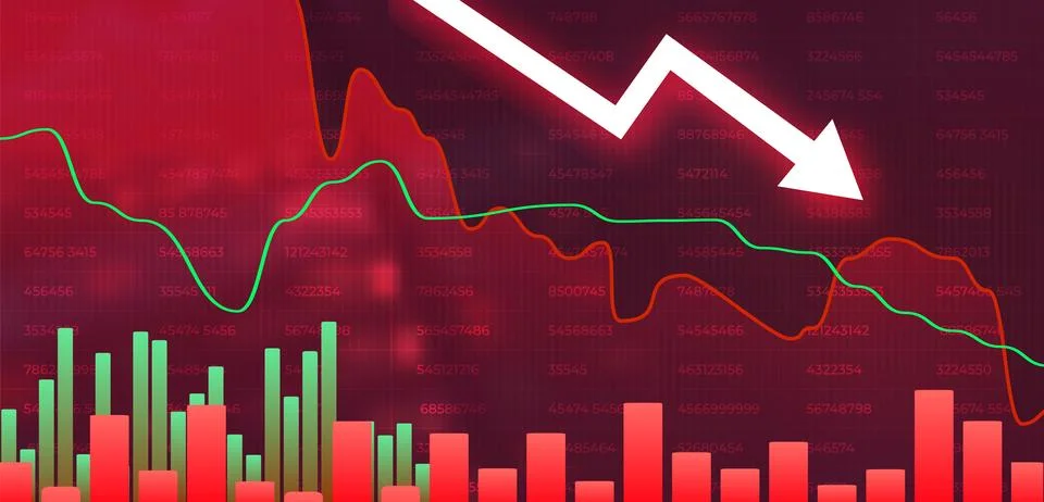 Arrow down graph on red background. Stock crisis or finance concept Stock Illustration