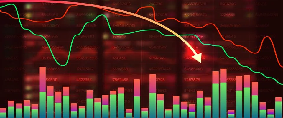 Arrow down graph on red background. Stock crisis or finance concept Illustrazione stock