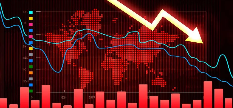 Arrow down graph on red background. Stock crisis or finance concept Stock Illustration