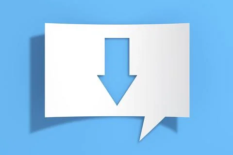 Arrow Down Icon on Cutout White Paper Speech Bubble. 3d Rendering 库存插图
