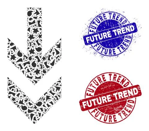 Arrow Down Mosaic of Debris with Future Trend Grunge Rubber Imprints Stock Illustration