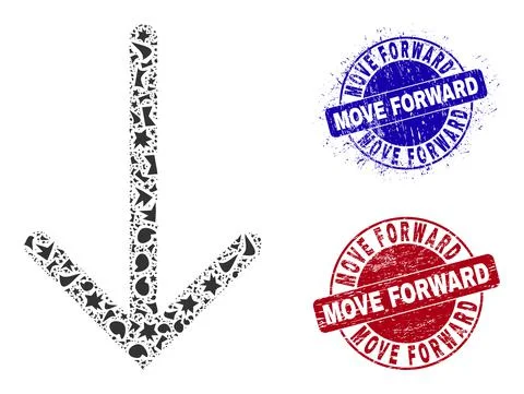 Arrow Down Mosaic of Debris with Move Forward Grunge Seals Stock Illustration