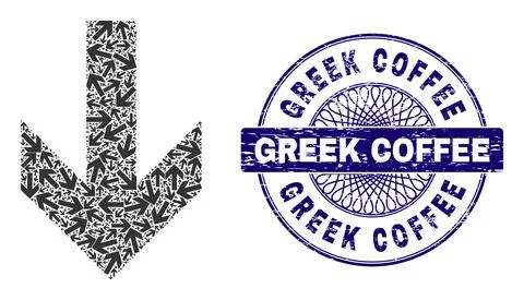 Arrow Down Recursion Collage of Arrow Down Icons and Grunge Greek Coffee Round Stock Illustration
