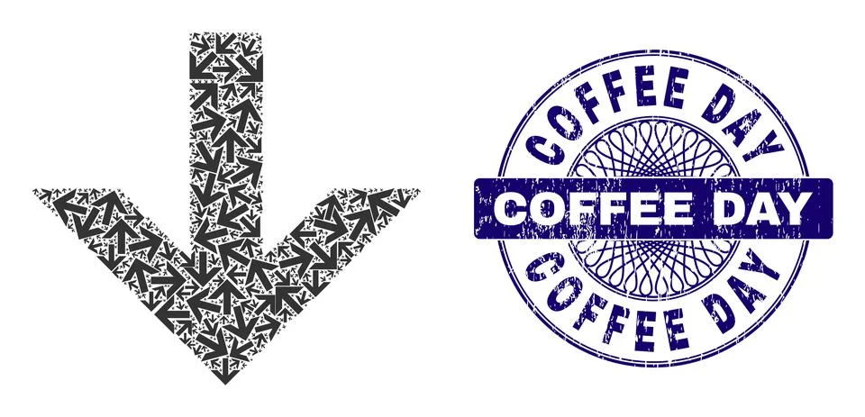 Arrow Down Recursive Mosaic of Arrow Down Items and Textured Coffee Day Round Illustrazione stock