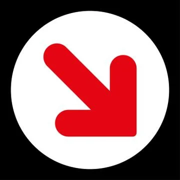 Arrow Down Right flat red and white colors round button 库存插图