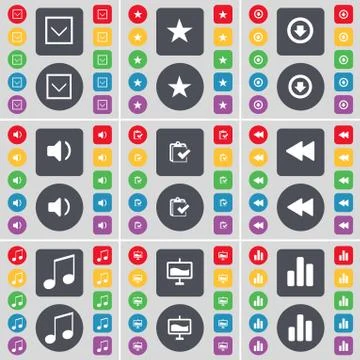 Arrow down, Star, Arrow down, Sound, Survey, Rewind, Note, Graph, Diagram icon s Stock Illustration
