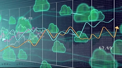 Arrow entering left neon clouds growing, colored lines weaving, numbers updating Stock Footage 334884042