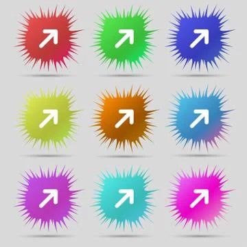 Arrow Expand Full screen Scale icon sign. A set of nine original needle butto 库存插图