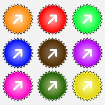 Arrow Expand Full screen Scale  icon sign. A set of nine different colored la 库存插图