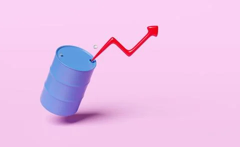 Arrow graph 3d with blue oil barrel icon isolated on pink background. petro.. Stock Illustration