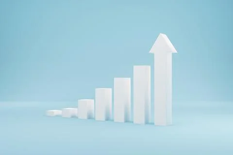 Arrow graph sign growth step staircase moving up on light blue background. Bu Stock Illustration
