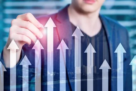 Up arrow graph on skyscraper background. Invesment and financial growth conce Stock Photos