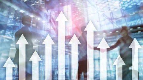Up arrow graph on skyscraper background. Invesment and financial growth conce Stock-Fotos