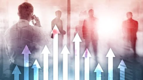 Up arrow graph on skyscraper background. Invesment and financial growth conce Foto stock