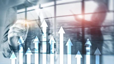 Up arrow graph on skyscraper background. Invesment and financial growth concept. Stock Photos