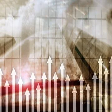 Up arrow graph on skyscraper background. Invesment and financial growth conce Stock Photos
