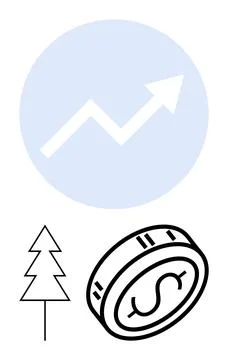 Arrow Graph with Upward Trend Symbol, Pine Tree Icon, and Coin with Dollar Si Stock Illustration