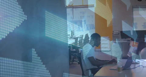 Arrow graphics animation over man working on computer in modern office Stock Footage 306433917