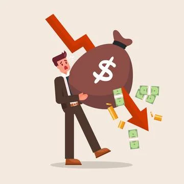 Arrow graphs fall down to attack the money bag carried by businessman. Stock Illustration