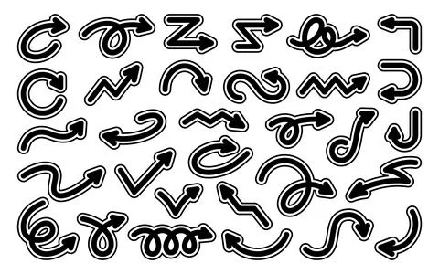 Arrow hand sticker patch curve black flat line set Stock Illustration