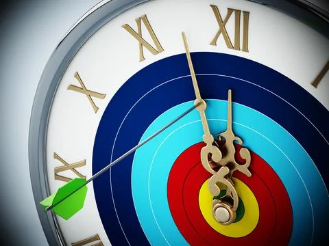 Arrow hit at clock hand stopping the time. 3D illustration Stock Illustration