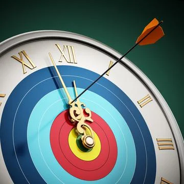 Arrow hit at clock hand stopping the time. 3D illustration Stock Illustration